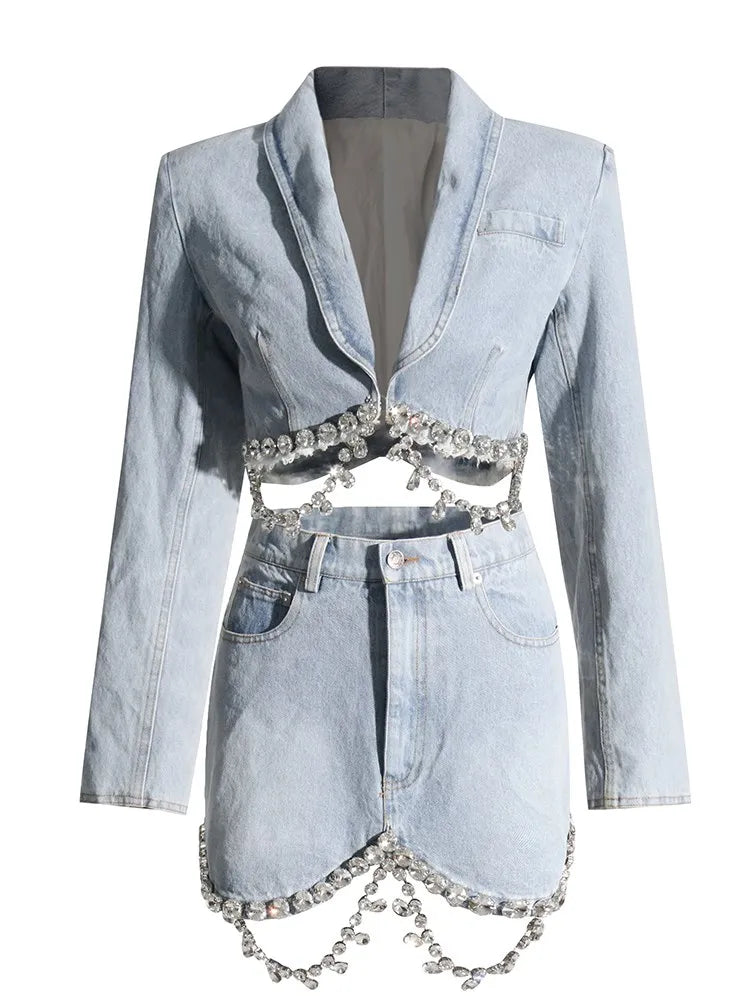 Light Blue Denim Skirt and Jacket with Big Rhinestones