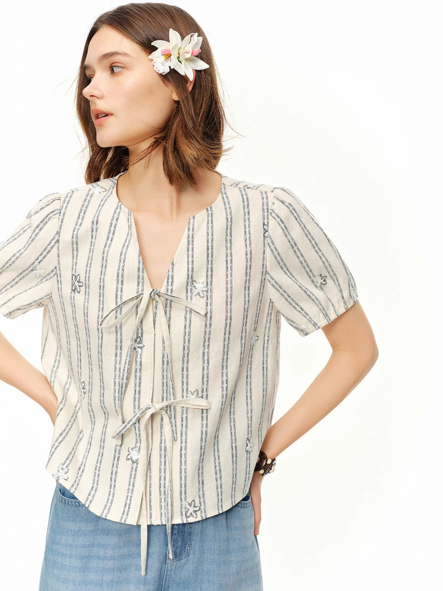 Zalia Atelier -Striped Linen and Cotton Blouse