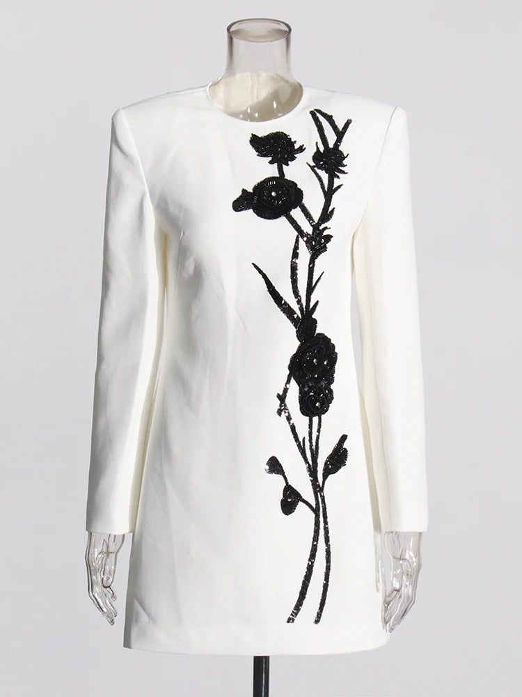 Zalia Atelier | Sequins Appliques Mini Dress | Chic White Dress