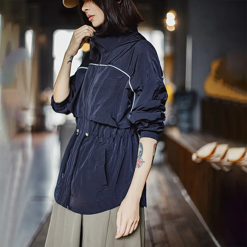 Navy Blue Windbreaker Jacket - Drawstring Waist