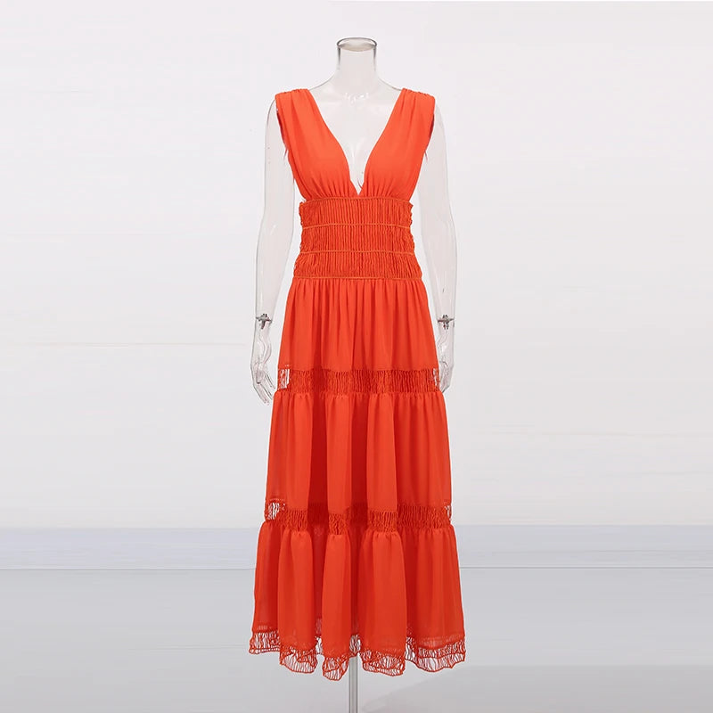 Zalia Atelier | Orange Deep V Neck Dress