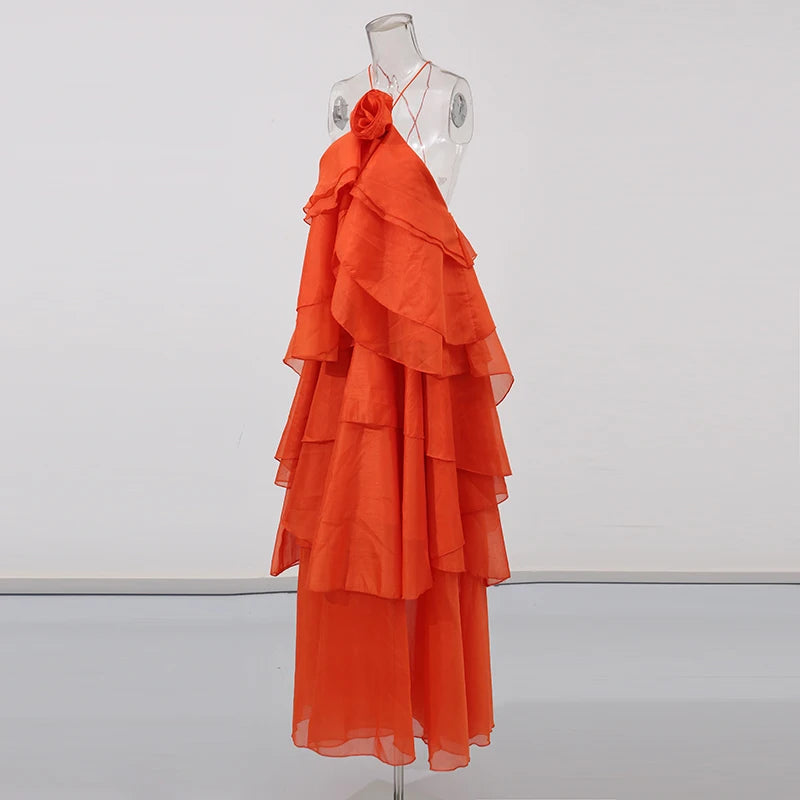Orange Halter Neck Cascading Ruffle Maxi Dress | Zalia Atelier