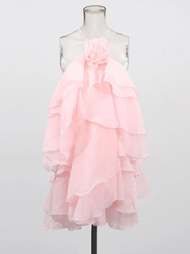 Pink Cascading Ruffles Mini Dress