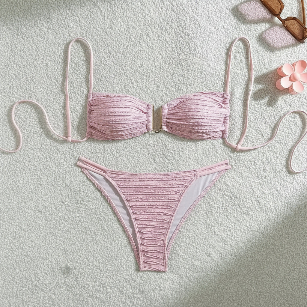 Zalia Atelier | Pink Ribbed Design Swimsuit