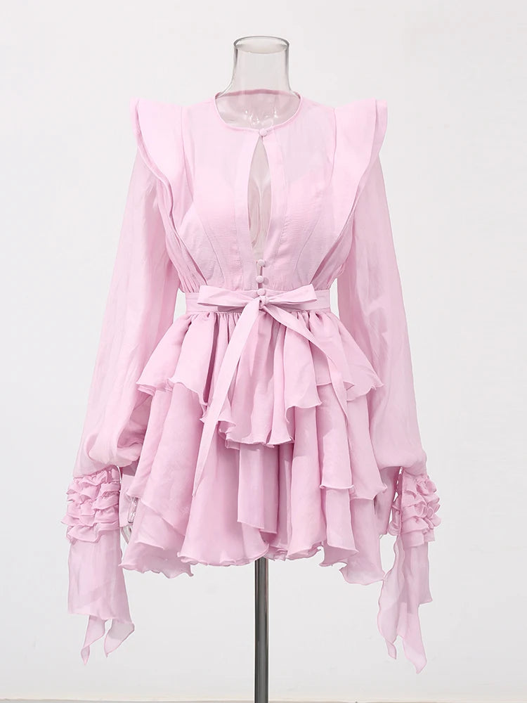 Zalia Atelier | Pink Ruffles Mini Dress Long Sleeves