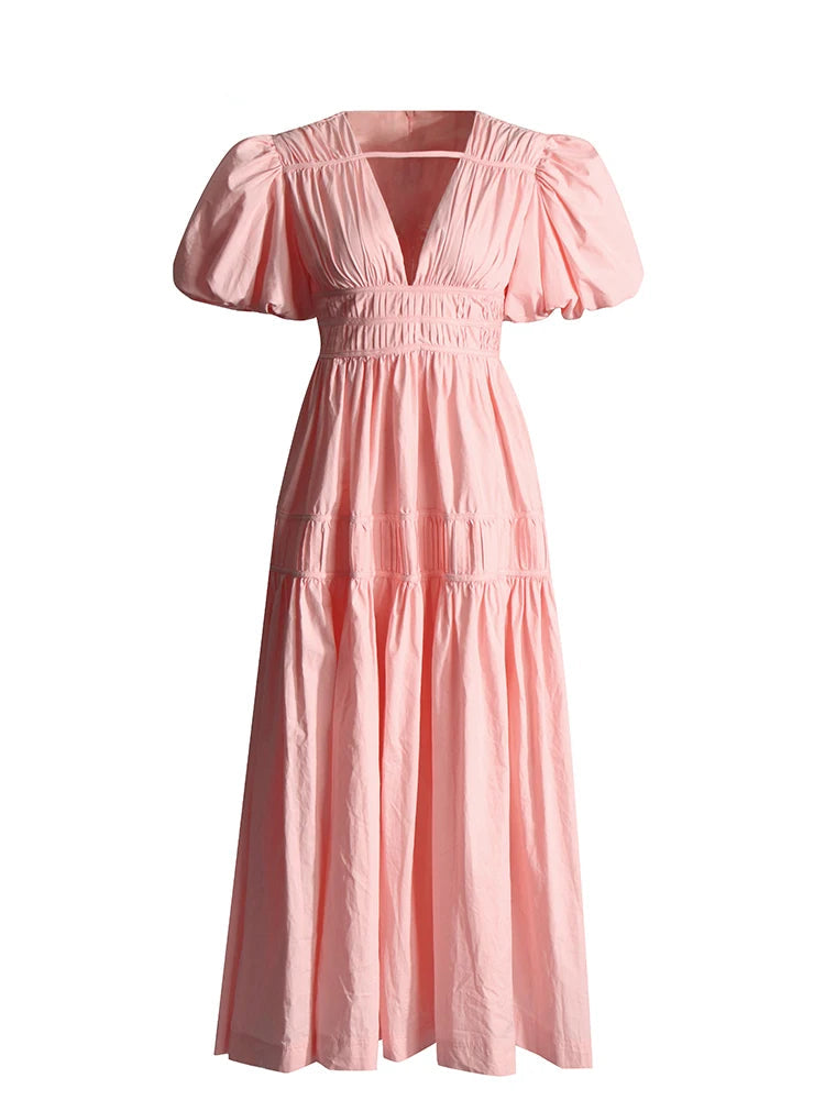 Zalia Atelier | Pink puff sleeve midi dress