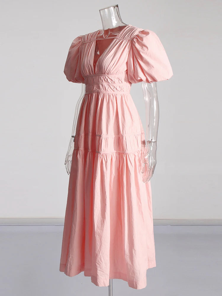 Zalia Atelier | Pink puff sleeve midi dress