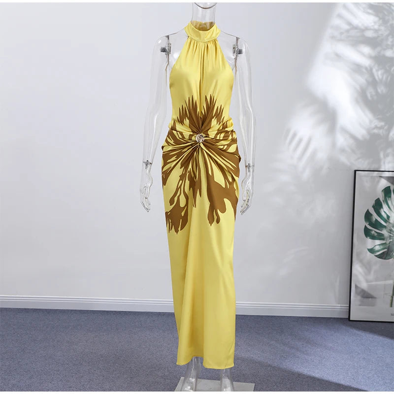Zalia Atelier | Yellow Printed Halter Maxi Dress