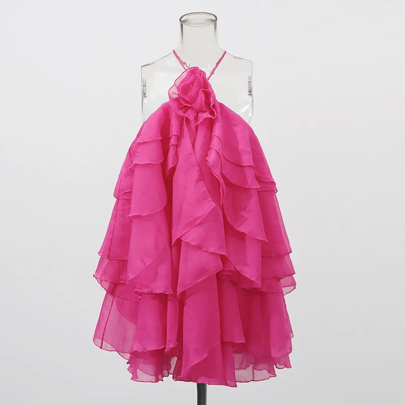 Zalia Atelier | Rose Pink Cascading Ruffles Mini Dress