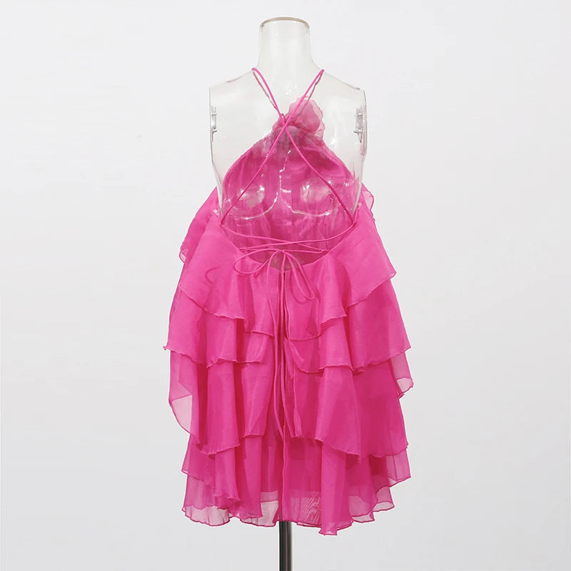 Rose Pink Cascading Ruffles Mini Dress | Back