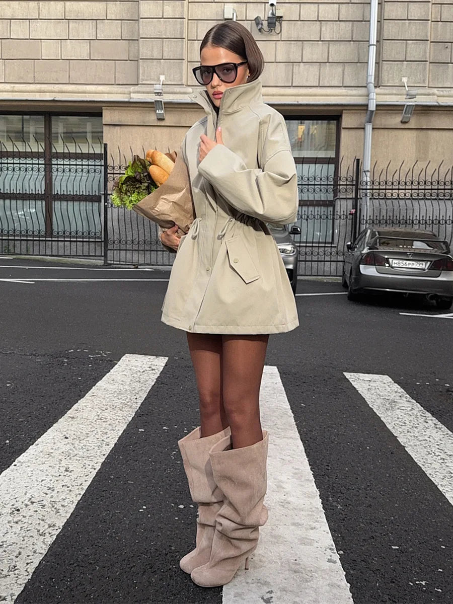 Chic Drawstring Waist Trench Jacket | Stand Collar Trench