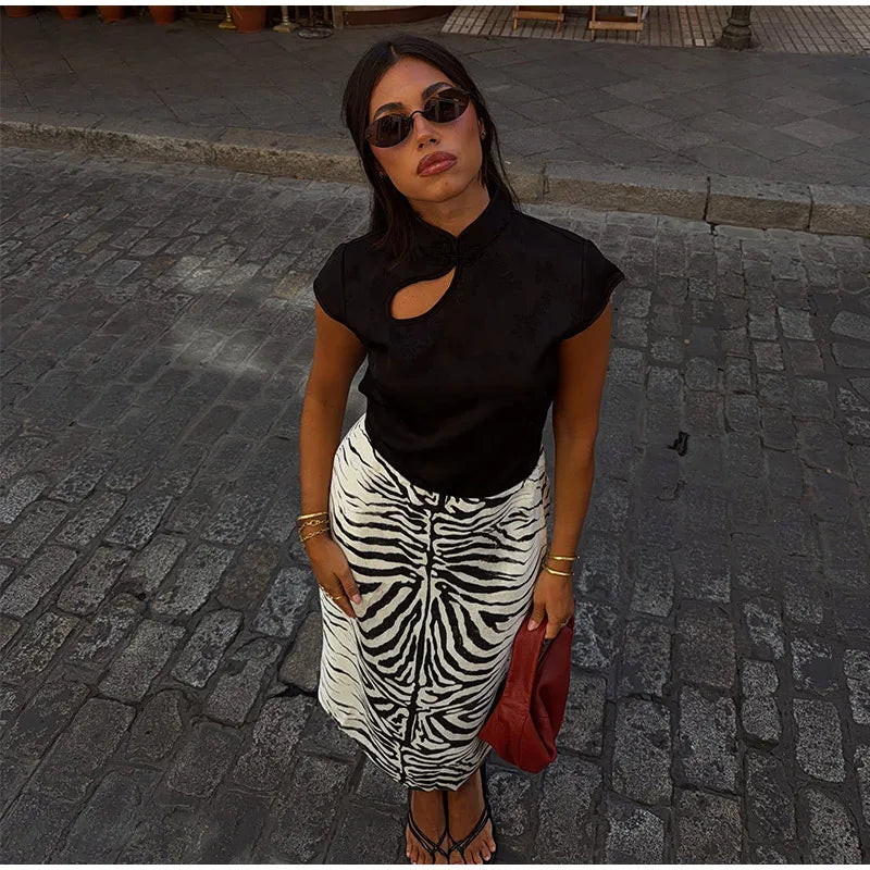 Zebra Striped Midi Skirt