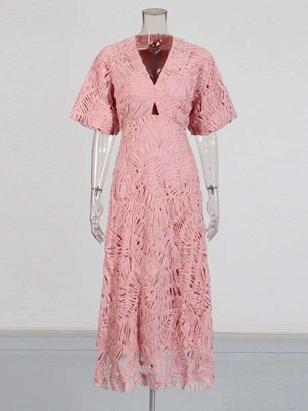 Light Pink Woven Textured Midi Dress