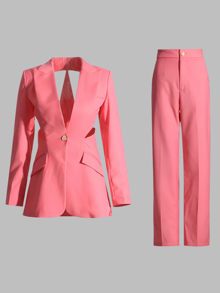 Pink cutout blazer and matching trousers set