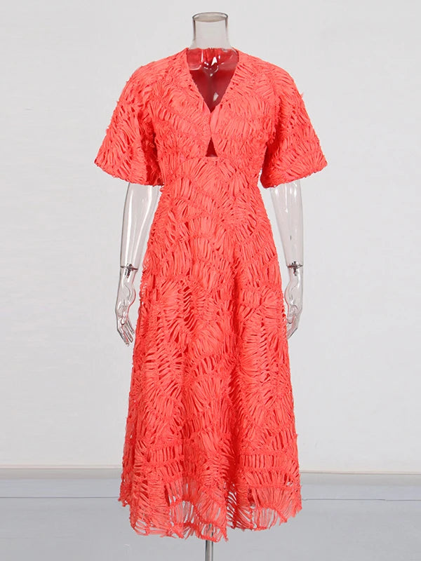 Salmon Pink Woven Textured Midi Dress