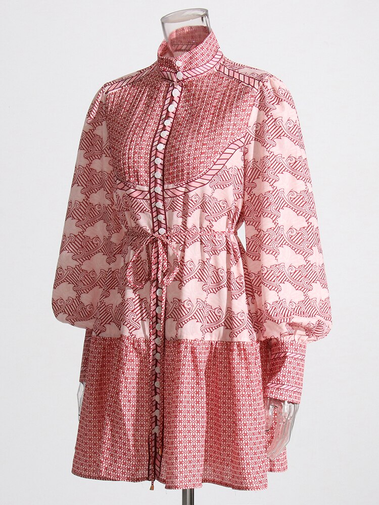 Pink Print Mini Dress | Stand Collar | Bishop Sleeves