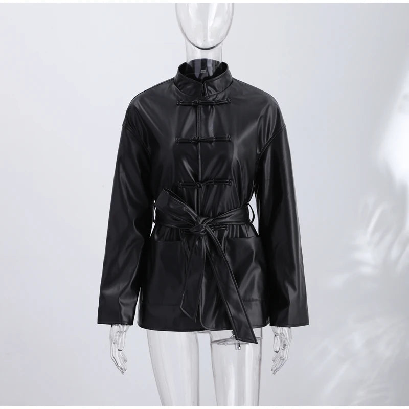 Knot Buttons Leather Jacket