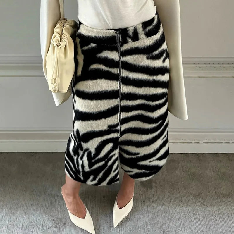 Faux Fur Zebra Midi Skirt