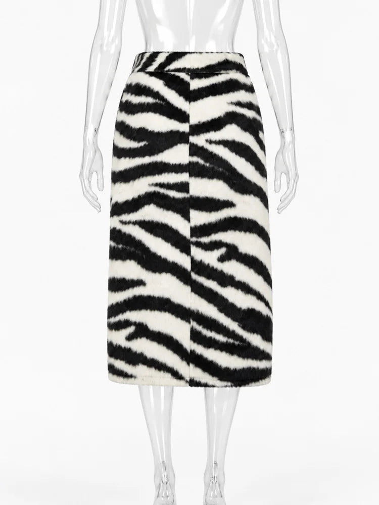 Faux Fur Zebra Midi Skirt