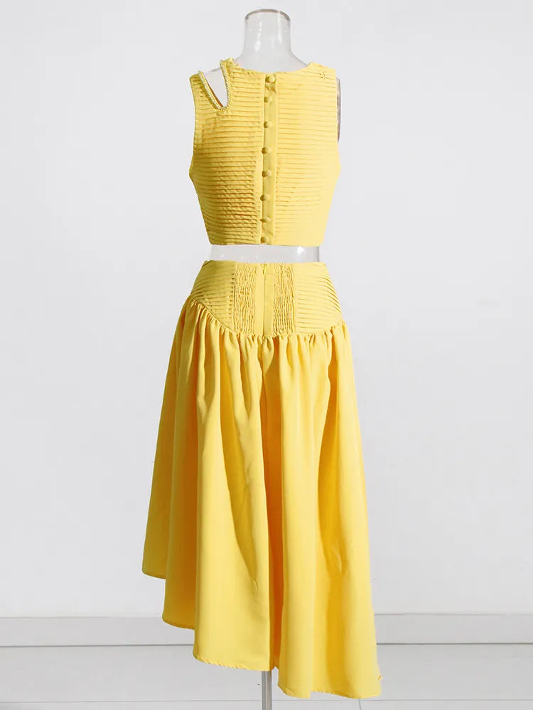 Yellow top and midi skirt set, shoulder cut out top with rhinestones