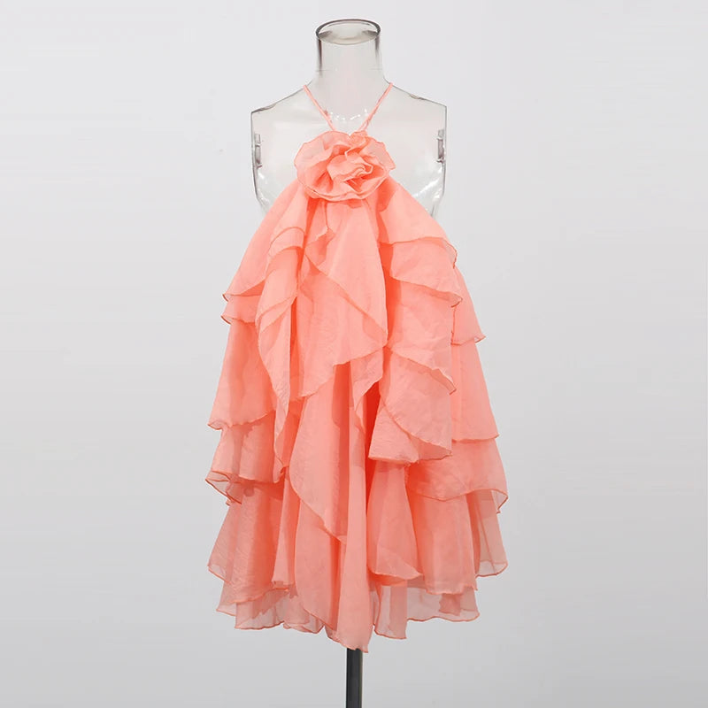 Zalia Atelier | Salmon Pink Cascading Ruffles Mini Dress | Front
