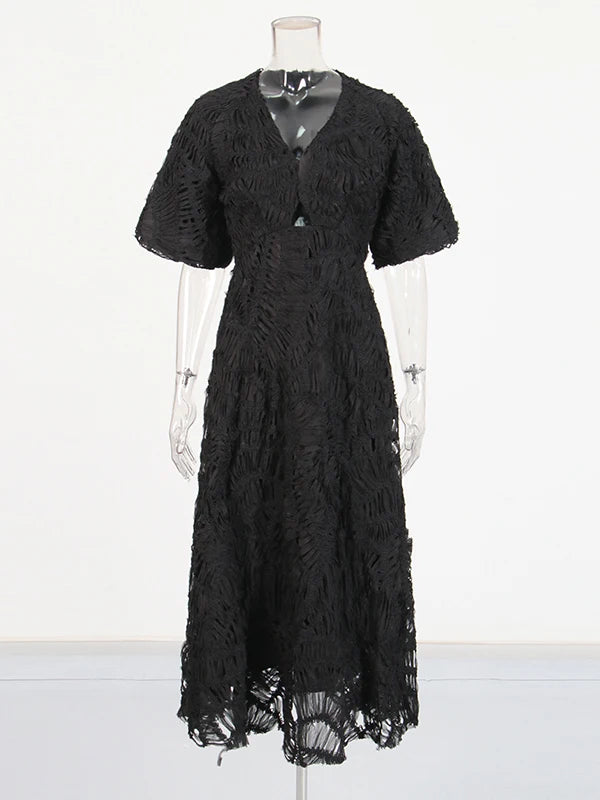 Black Woven Textured Midi Dress