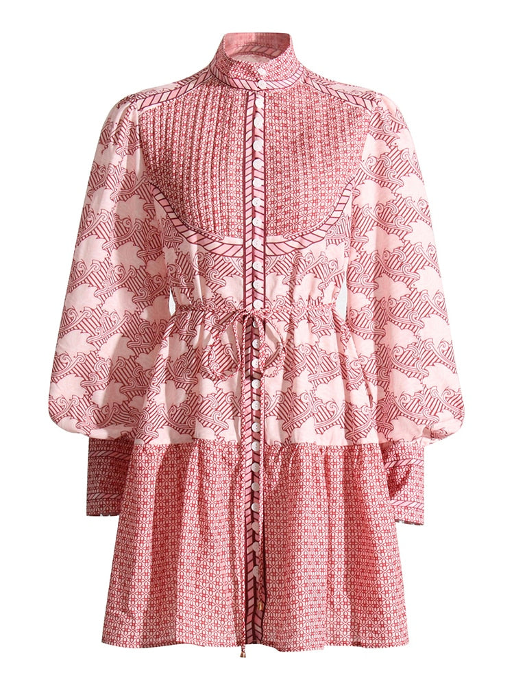 Pink Print Mini Dress | Stand Collar | Bishop Sleeves
