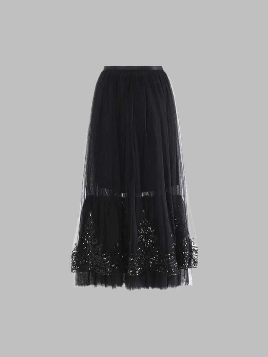 Zalia Atelier | Black Sequins and Mesh Skirt