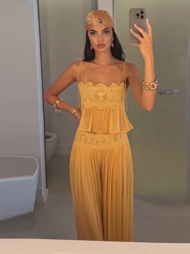 Mustard Yellow Sheer Lace Detail Boho Style Top and Pants Set