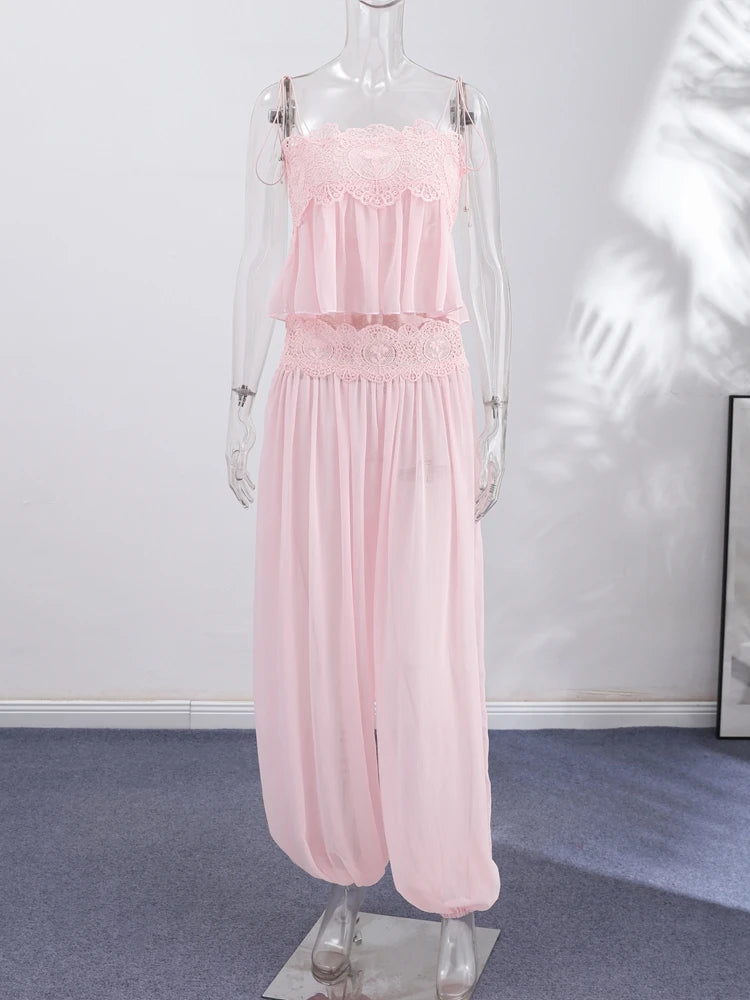 Zalia Atelier Pink Sheer Lace Detail Top and Pants Set