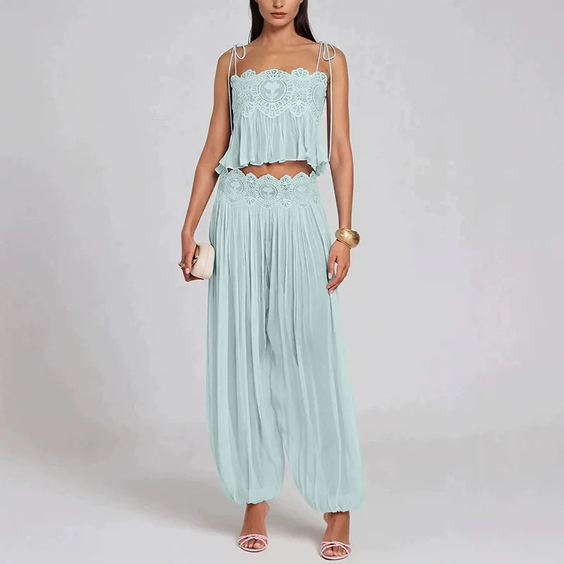 Sky Blue Boho Style Sheer Lace Detail Set