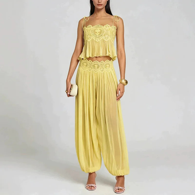 Sheer Lace Detail Bohemian Top and Pants Set