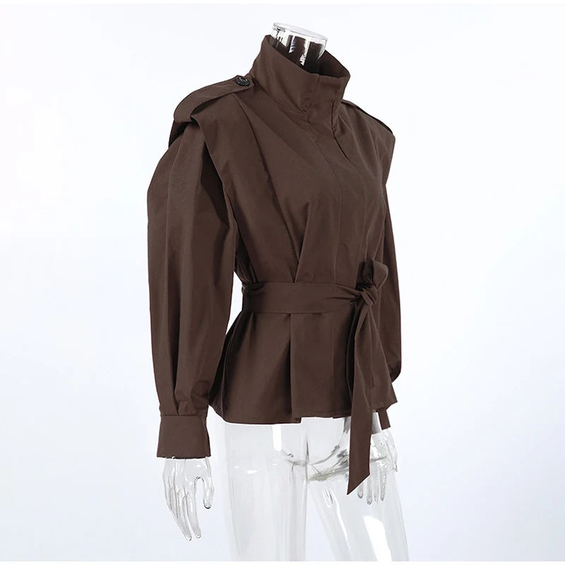 Stand Collar Belted Jacket Brown Side