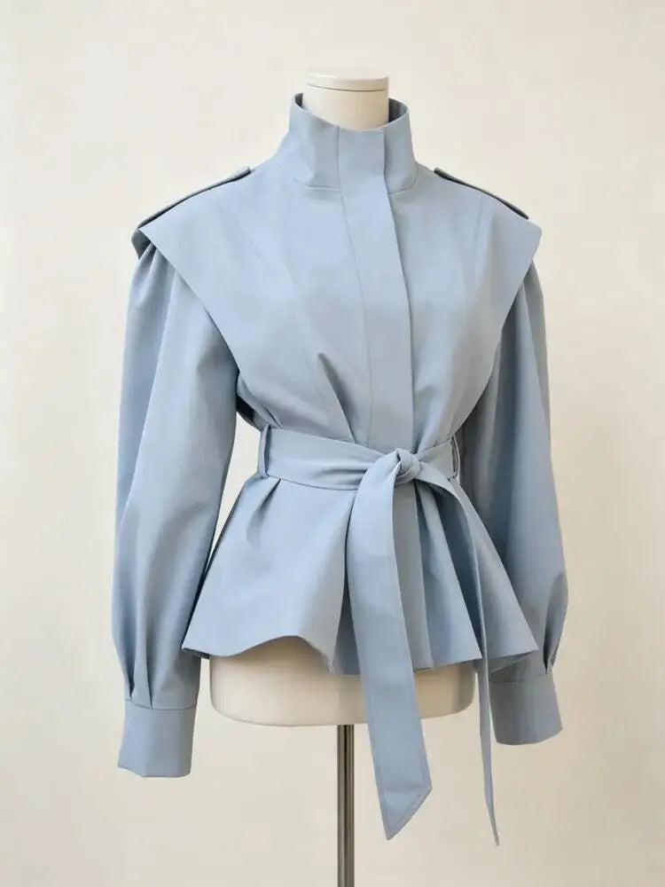 Zalia Atelier | Stand Collar Trench Jacket - Light Blue