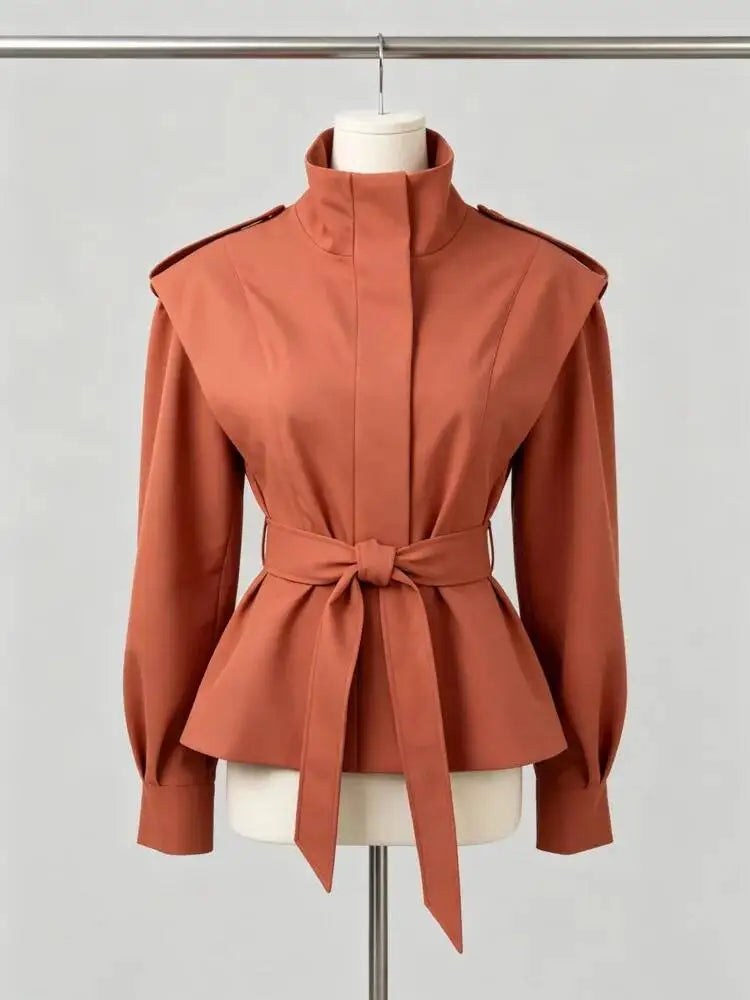 Zalia Atelier - Stand Collar Trench Jacket - Rust Brown
