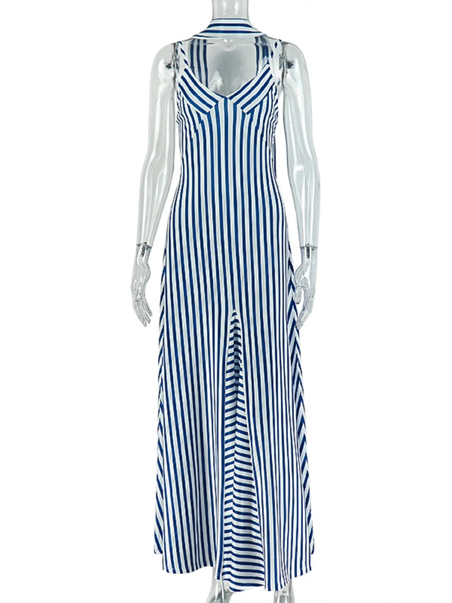 Zalia Atelier | Blue and White Striped Maxi Dress