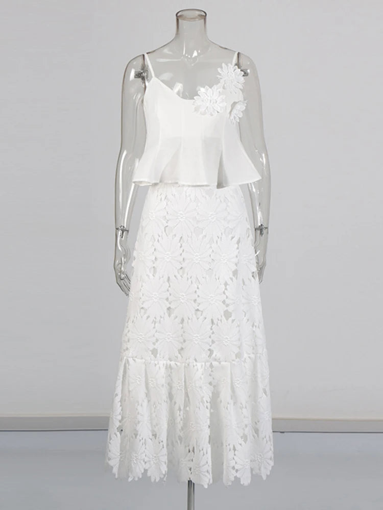 Zalia Atelier | White Embroidered Lace Skirt Set