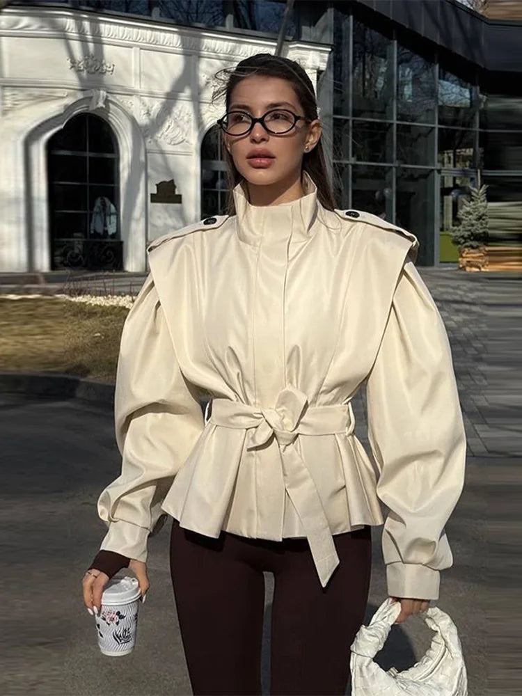 White Stand Collar Belted Jacket