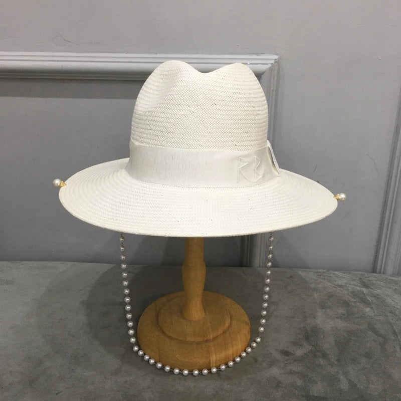 White Straw Hat Faux Pearl Chain Designer Inspired Summer Hat