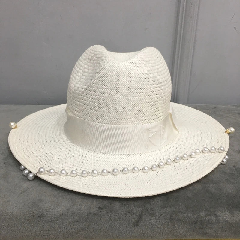 White Straw Hat Faux Pearl Chain Designer Inspired Summer Hat