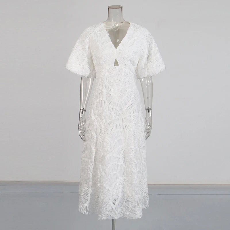 Zalia Atelier - White Woven Textured Midi Dress