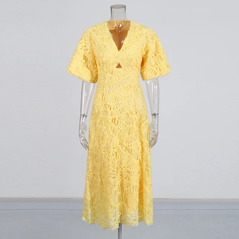 Zalia Atelier - Woven Textured Midi Dress Yellow