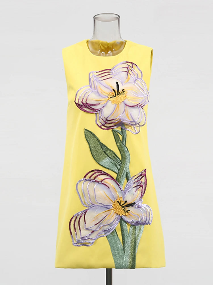 Zalia Atelier | Yellow Flower Embroidered Mini Dress