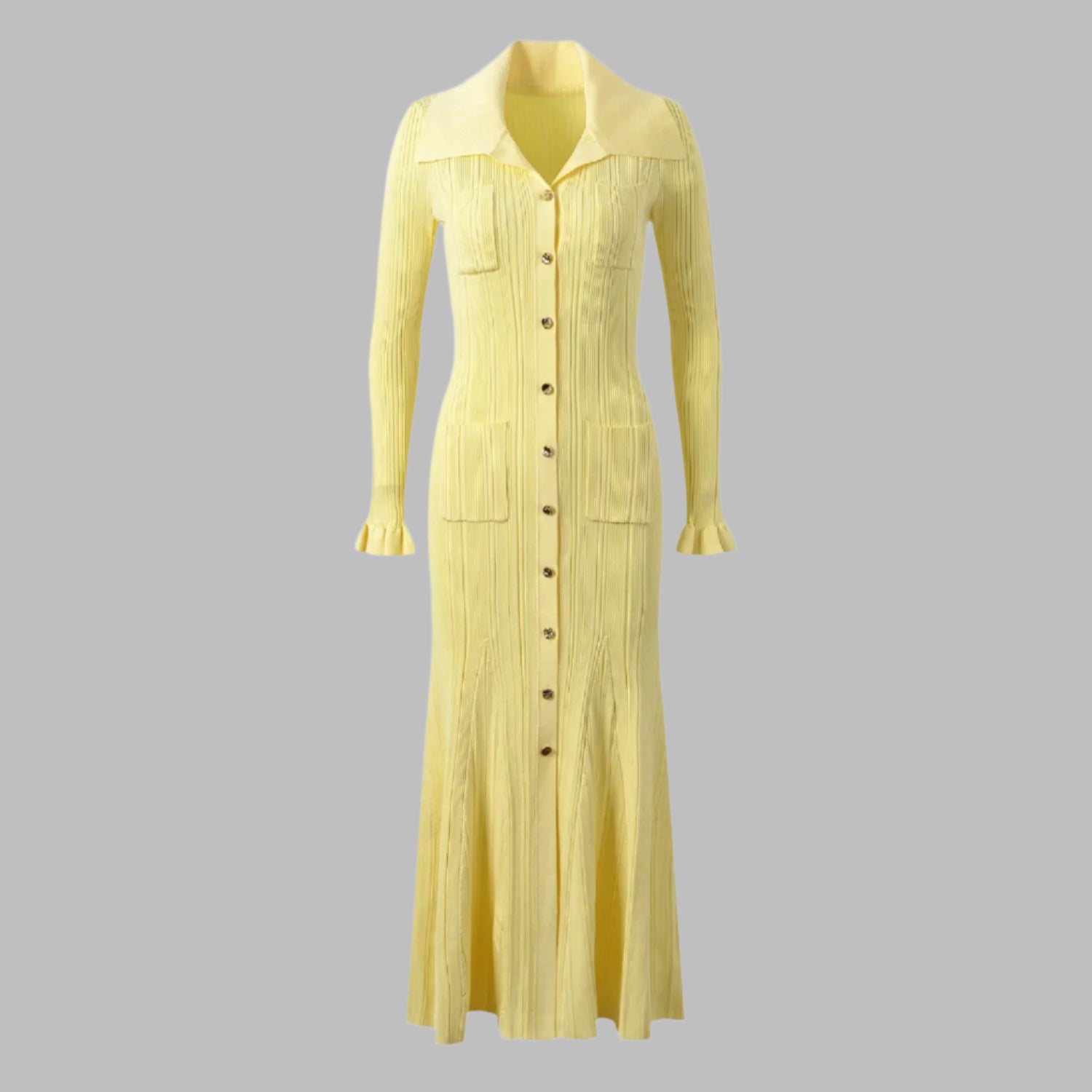 Zalia Atelier | Yellow Knit Midi Dress Long Sleeves