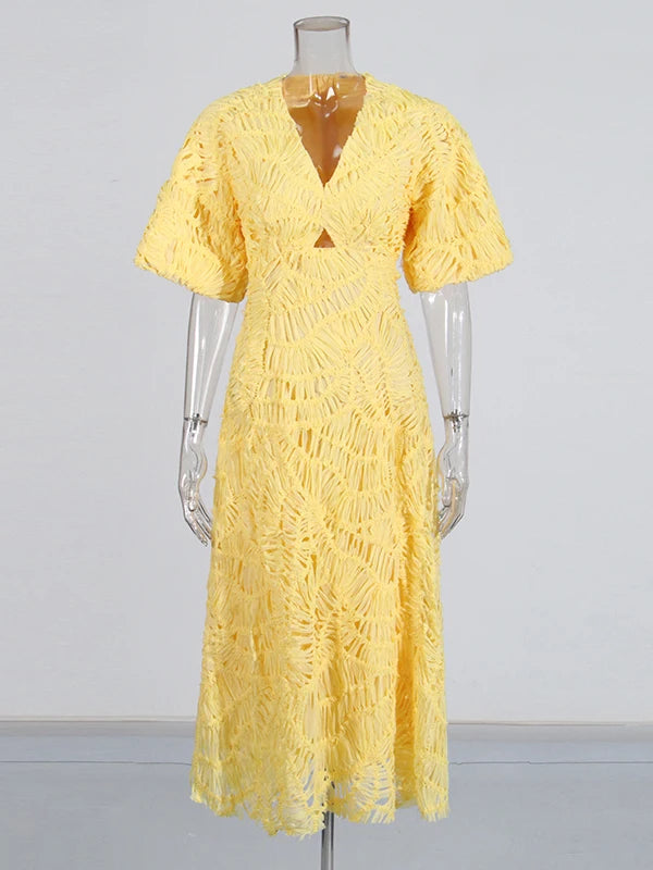 Zalia Atelier - Yellow Woven Textured Midi Dress