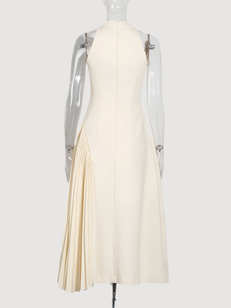 Back side of chic beige midi dress