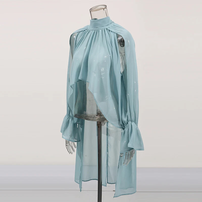 Zalia Atelier | Light Blue Top in boho style with turtleneck and drop sleeves