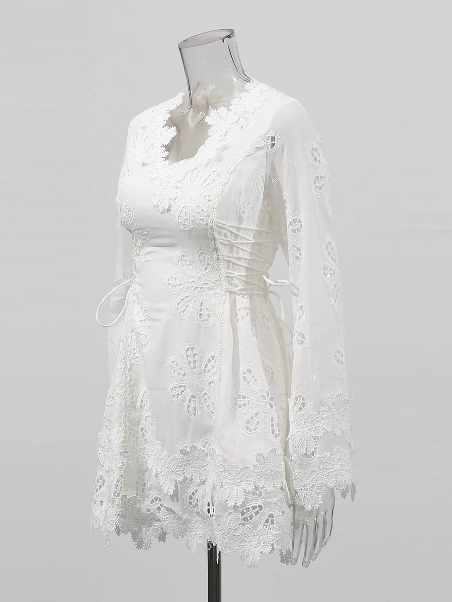 Zalia Atelier | White Long Sleeve Mini Dress Embroidered Lace