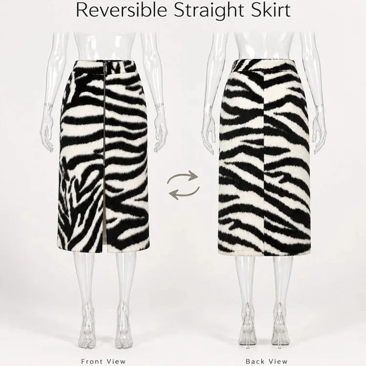 Zalia Atelier | Zebra Faux Fur Midi Skirt | Reversible