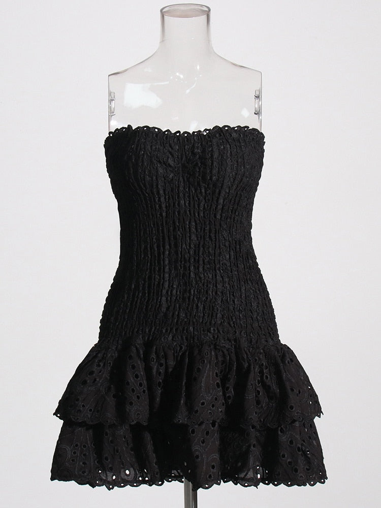 Embroidery Mini Dress | Black with Black eyelet broderi anglaise | Strapless Shirred Style Vacation Outfit Designer Inspired Dupe
